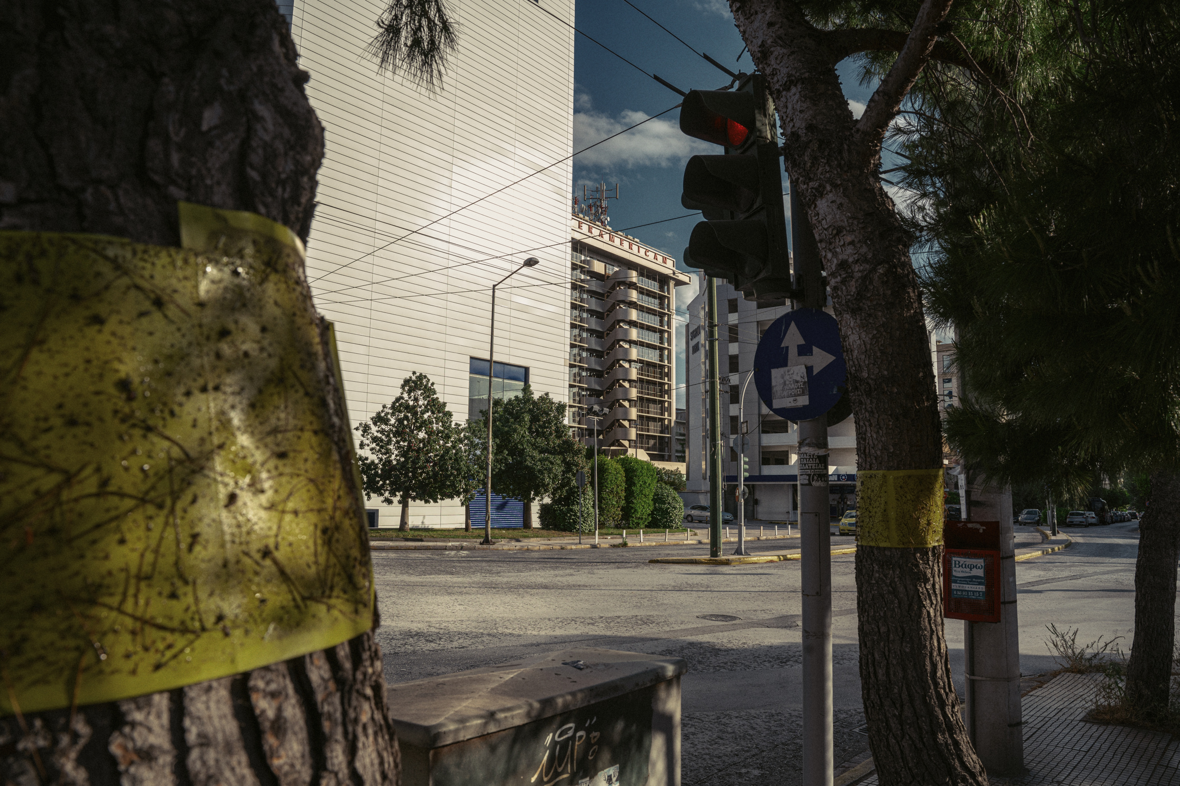 Athens street scene framed by trees, with modern buildings and a traffic light, 2024