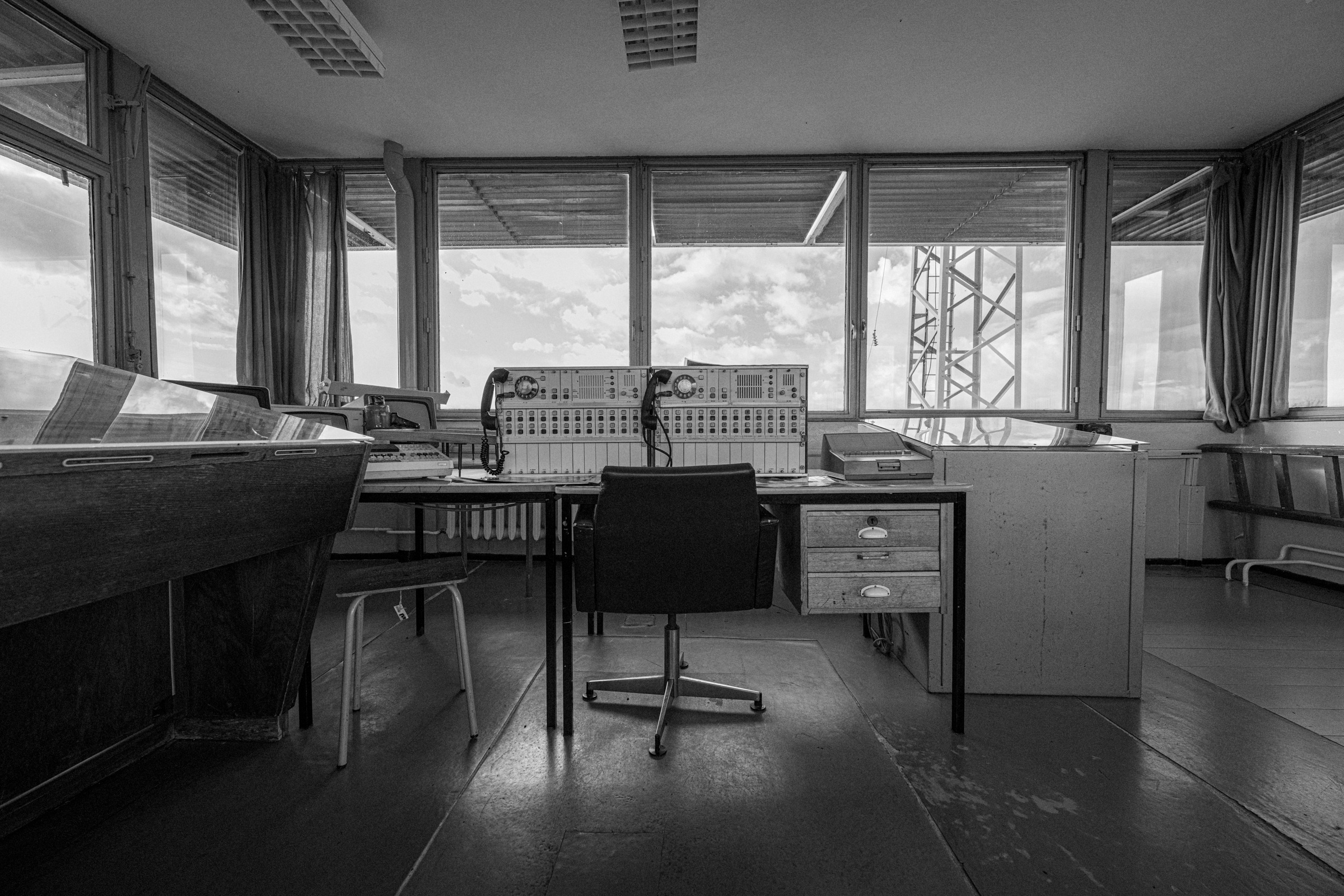 Control room with telephones, desks and a chair, Marienborn, 2023